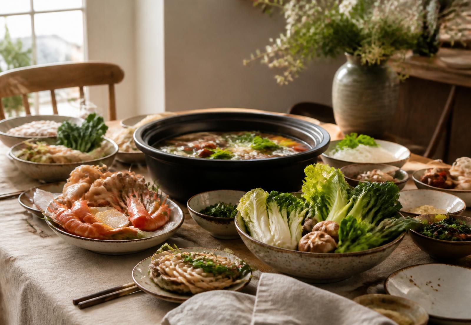 Table généreuse mêlant produits frais et cuisine asiatique